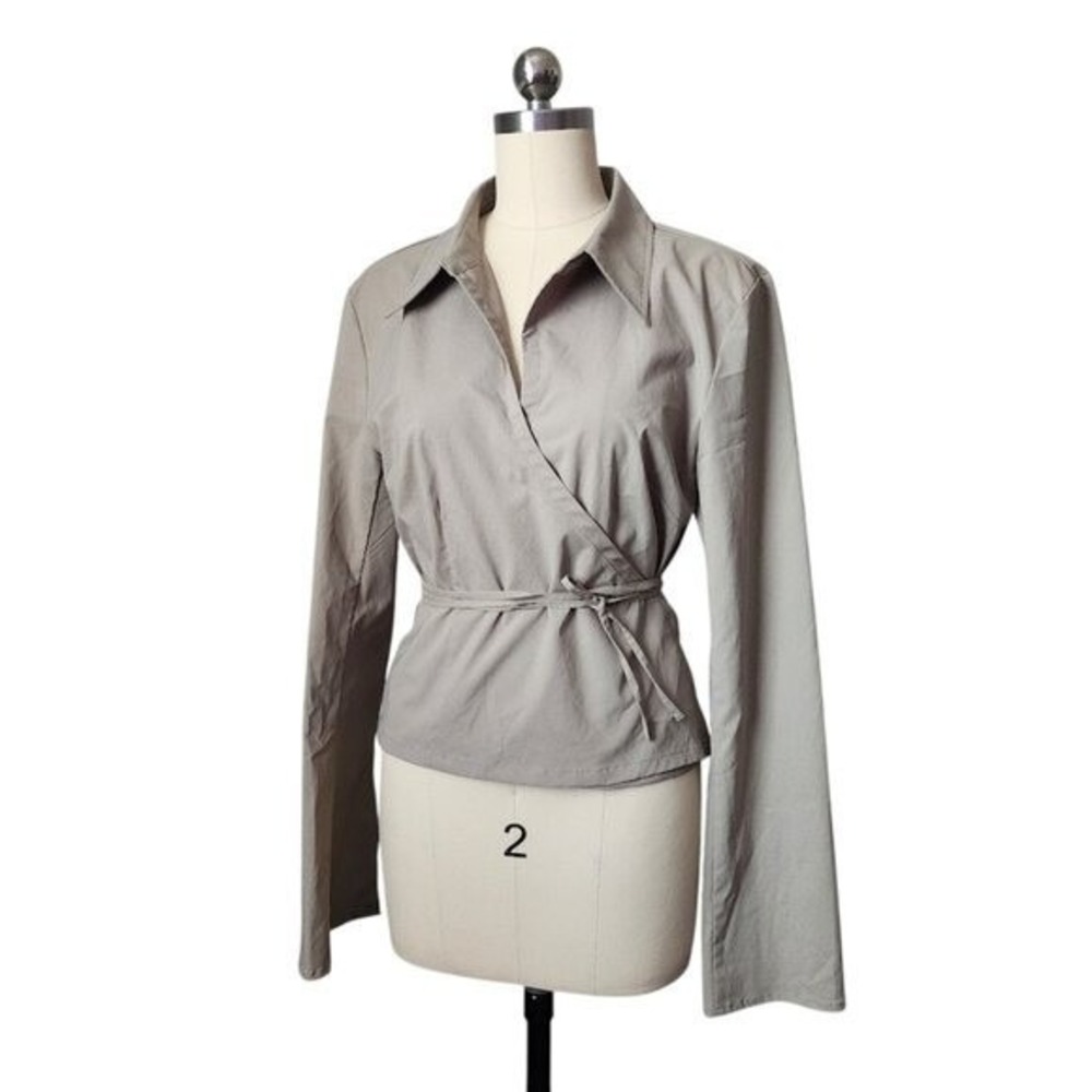 BUFFALO DAVID BITTON Y2K Olive Green Wrap Blouse Tie Waist Flare Sleeve Top L - Picture 9 of 11